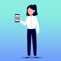 Woman holding a cell phone with a green QR code on it
