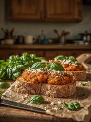Two bruschetta topped with tomato sauce and basil leaves on a wooden cutting board in a kitchen setting