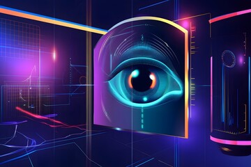 Eye scanner with biometric interface, futuristic health checkup station, glowing elements.