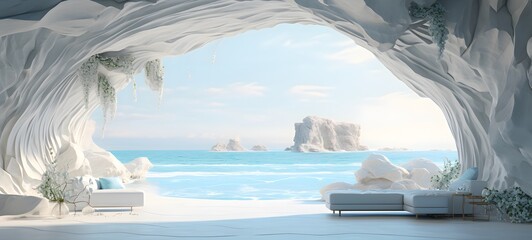 A white cave with a sea view, the interior decorated in a boho style with blue and green pastel colors, generative AI