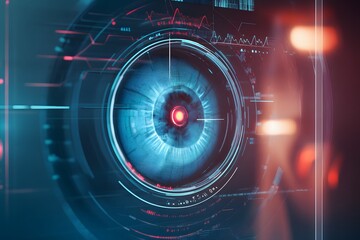 Eye scanner with biometric interface, futuristic health checkup station, glowing elements.