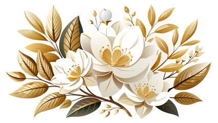Vector art of a stunning composition of white and gold flowers with detailed leaves, isolated against a white backdrop