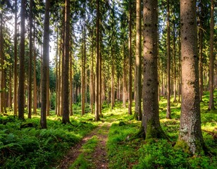Obraz premium Sunlight filters through a dense coniferous forest. A path winds through the trees