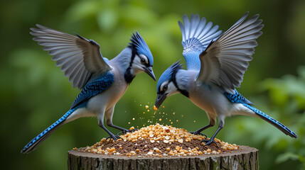 Blue Jays fighting over food with forested background