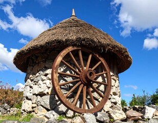 Obraz premium Charming traditional Irish cottage with thatched roof and vintage wooden wheel, rural charm