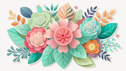 Vector art of a vibrant bouquet of papercut flowers and leaves in pastel colors, creating a whimsical floral arrangement