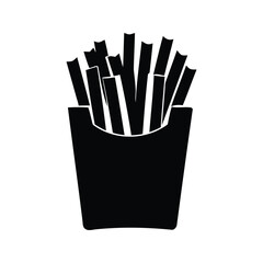 A simple black silhouette illustration of french fries in a container