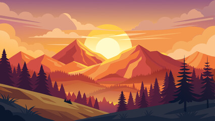 beautiful vector illustration of sunset over mount