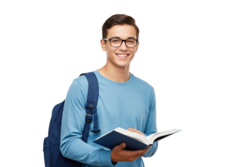 Happy Student with Book and Backpack, isolated on a transparent background

