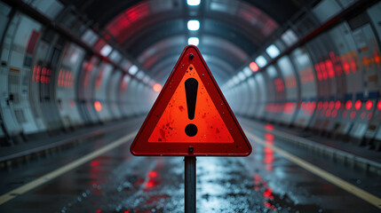 A red triangular warning sign with an exclamation mark stands in a dimly lit, wet tunnel with blurred red lights in the background.