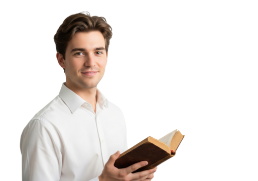 Smiling Young Man Reading a Book, isolated on a transparent background

