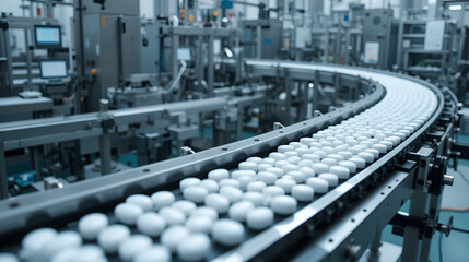 White pills moving on metal automatic line in workshop of pharmaceutical factory. Factory equipment and machine conveyor. Industrial pharmaceutical concept. view of drugs move along conveyor belt.