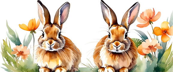 Fototapeta premium Two brown bunnies with big ears in a flower field. Watercolor illustration of two bunnies in a floral meadow. Adorable brown rabbits in a spring garden.