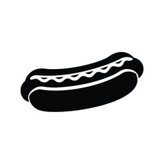 Black silhouette of a delicious hot dog with toppings on a white background