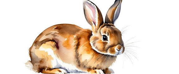 Cute brown bunny painted in watercolor on white background. Adorable watercolor rabbit illustration with simple backdrop. Single bunny portrait in soft watercolor.