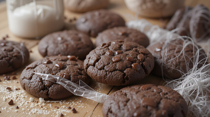 Delicious homemade chocolate cookies on a wooden table