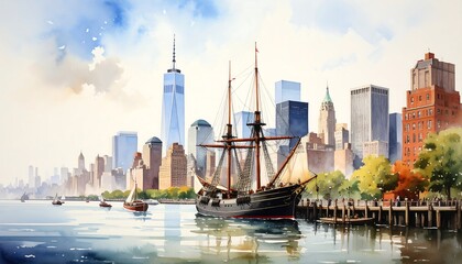 Fototapeta premium Watercolor cityscape with ship (1)