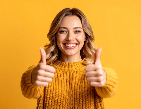 Cheerful young woman with blonde hair giving thumbs up gesture on yellow background - Powered by Adobe