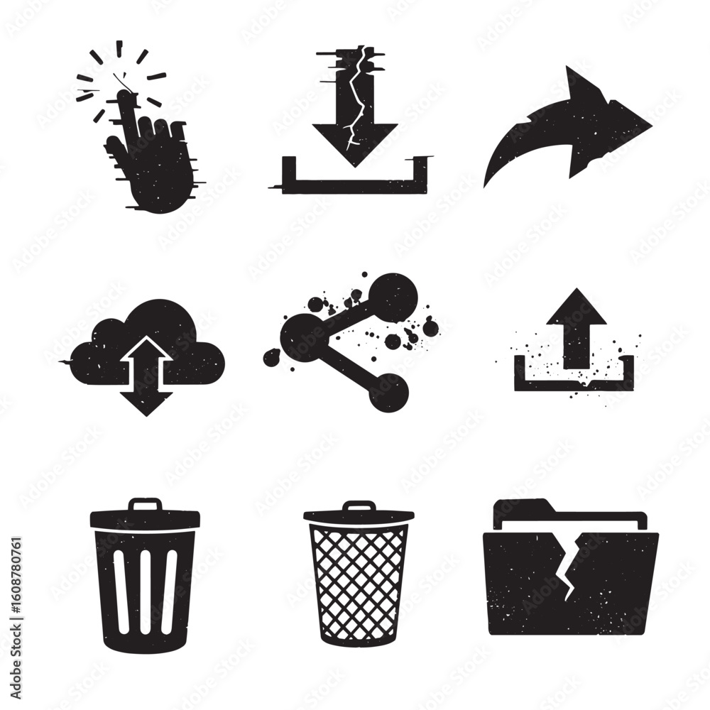 Poster digital icons set with a distressed aesthetic illustrating essential computer actions and functions