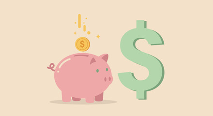 Pink piggy bank with a coin falling into it next to a large dollar sign