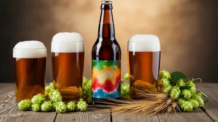 Animated beer bottle with glasses, hops, and wheat on wood for International Beer Day celebration footage.