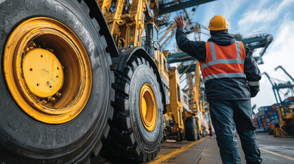 Engineer in safety gear inspects large wheels of yellow industrial tractor at port, waving hand on sunny day