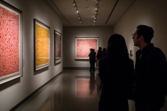 Gallery showcases abstract art symbolizing market trends. Investment strategy. Unusual volatility in s&p 500 warns of strategic caution. Strategic planning. Market uncertainty.