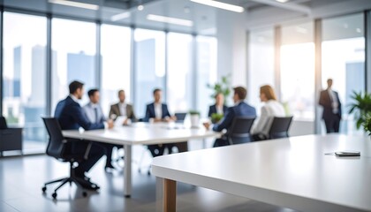 Plakat Blurred view of businesspeople in a modern office meeting around a large table, city view in background