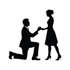 A proposal of marriage with silhouettes of a man kneeling and a woman