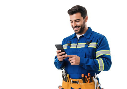 Smiling Tradesman with Phone and Tool Belt, isolated on a transparent background

