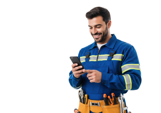 Smiling Tradesman with Phone and Tool Belt, isolated on a transparent background


