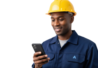 Smiling African American Worker with Phone, isolated on a transparent background