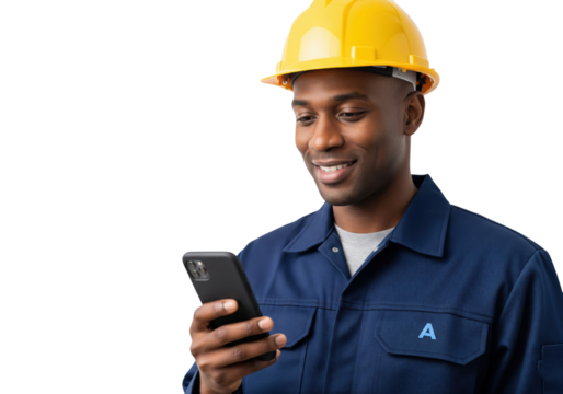 Smiling African American Worker with Phone, isolated on a transparent background

