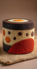 Cylindrical cake with vibrant color swirls