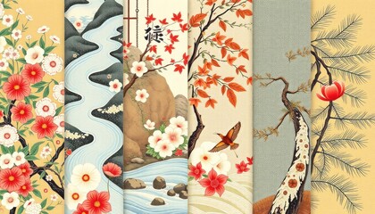 Serene Oriental Landscapes and Floral Motifs Seamless Pattern Collection