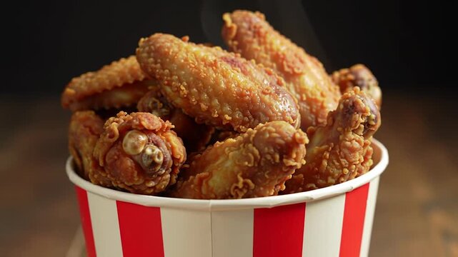Fried chicken wings and legs. Bucket full of crispy kentucky fried chicken. Rotation 360 degrees. 4K UHD video footage.