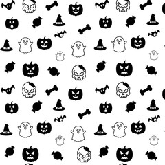 Seamless Pattern Featuring Black And White Halloween Icons Like Pumpkins, Ghosts, Skulls, Bats, And More. Perfect For Wrapping Paper, Crafts, Fabric, Stationery, And Spooky-Themed Printables