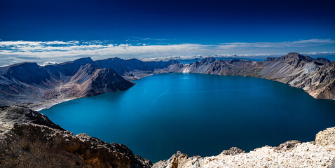 CHANGBAI MOUNTAIN, CHINA - SEPTEMBER 13, 2024: A collection of images showing the stunning view of Cheonji (Heaven Lake), the crater lake of Baekdusan (Mount Paektu), on the border of China and North 
