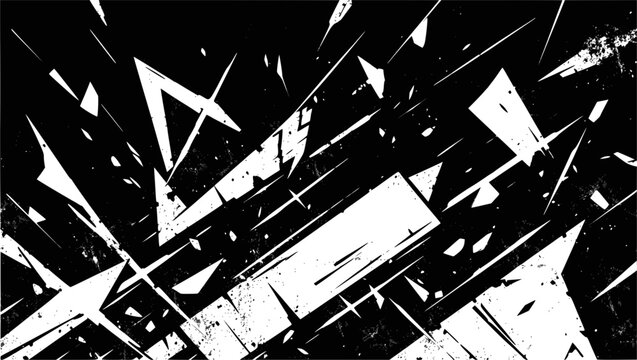 Vector art of explosive abstract black and white geometric shards burst outwards with dynamic energy