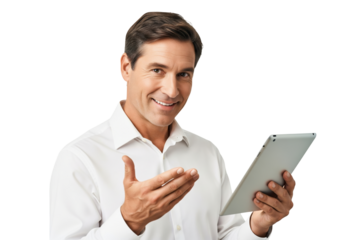 Smiling Man with Tablet and Hand Gesture, isolated on a transparent background

