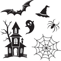 Haunted House with Bats and Bare Trees under Full Moon – Spooky Halloween Scene Illustration

