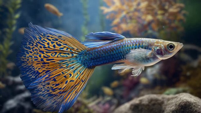 Aquatic Gem: A stunning close-up of a vibrant guppy showcasing its intricate patterns and vivid colors as it gracefully navigates a tranquil aquatic environment.