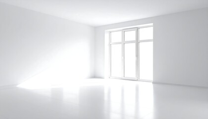 Fototapeta premium Bright sunlight streams into an empty, white room