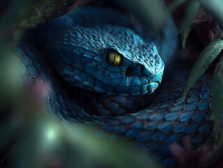 Fototapeta premium Blue snake, striking, in the dark, lush foliage.