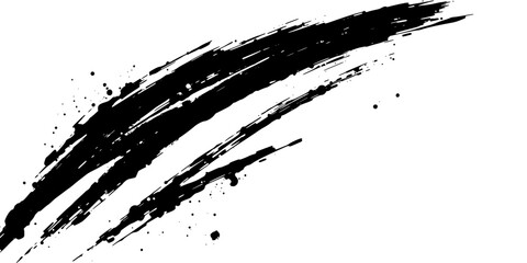 Vector art of energetic black ink brush strokes with paint splatters on a white background