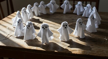 Homemade ghost garland drying on a table