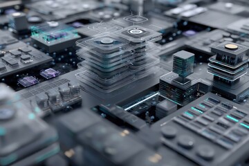 3D abstract technology concept focusing on data layers and AI-driven blockchain systems in action.