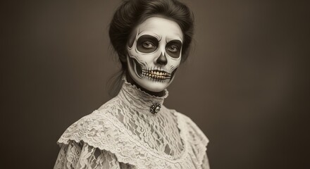 A woman with skull makeup wears a vintage white lace dress. She has dark hair styled in an updo and a haunting expression, embodying a Halloween theme.