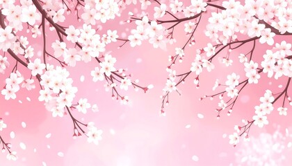 Delicate pink blossoms on branches against a soft pink backdrop, petals gently falling