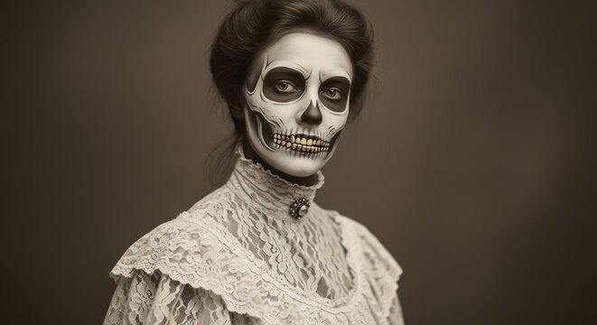 A woman with skull makeup wears a vintage white lace dress. She has dark hair styled in an updo and a haunting expression, embodying a Halloween theme.